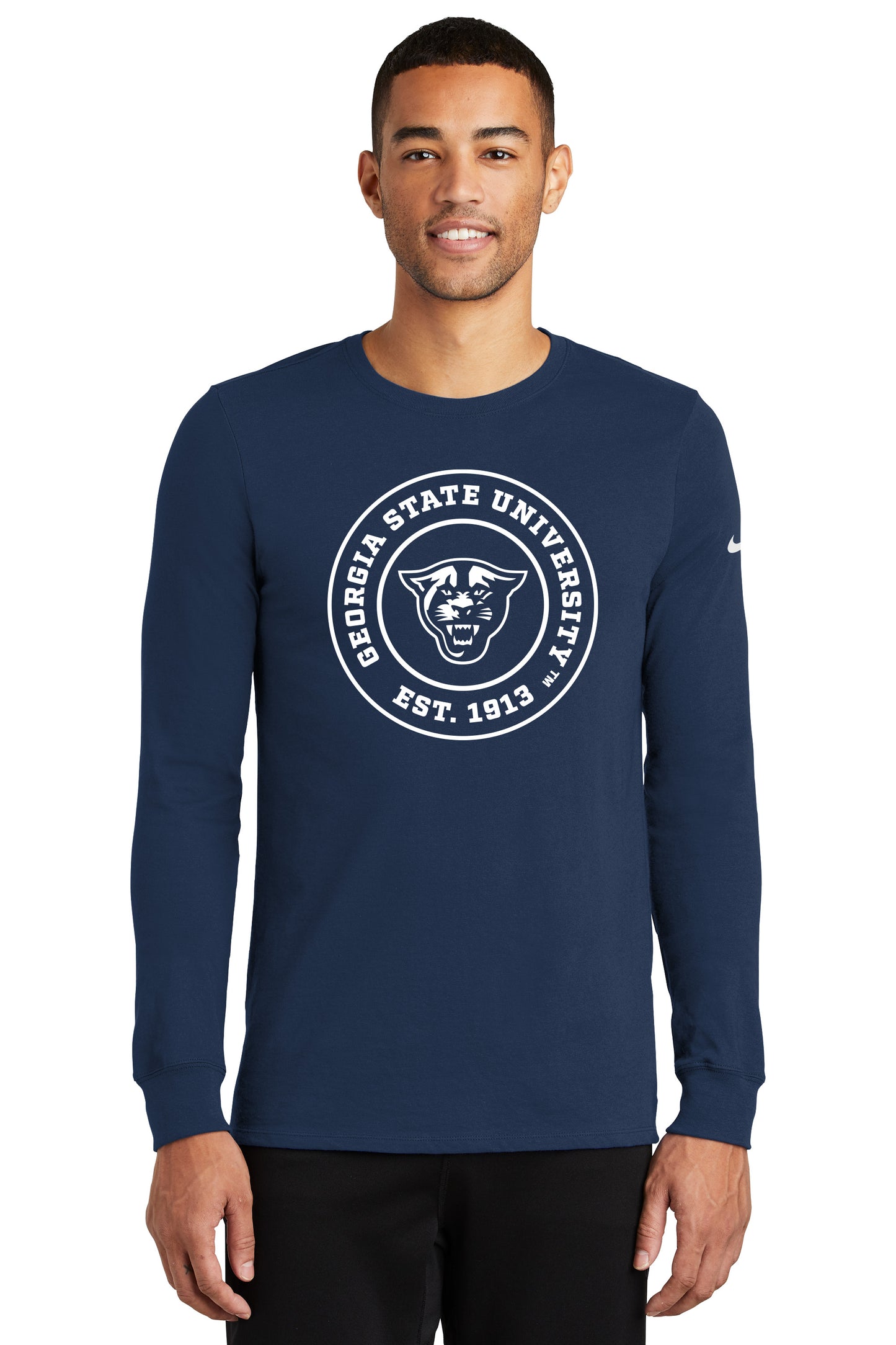 Georgia State University EST.1913 Nike Dri-FIT Cotton/Poly Long Sleeve Tee- Navy