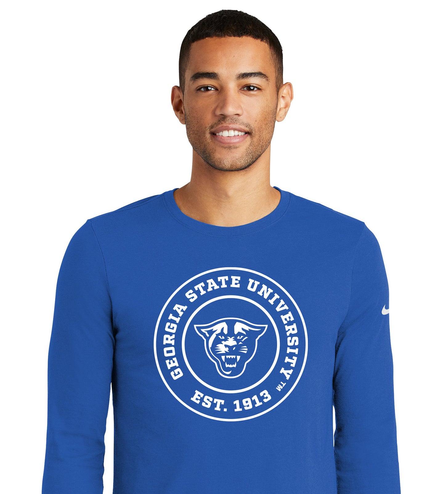 Georgia State University EST.1913 Nike Dri-FIT Cotton/Poly Long Sleeve Tee- Rush Blue