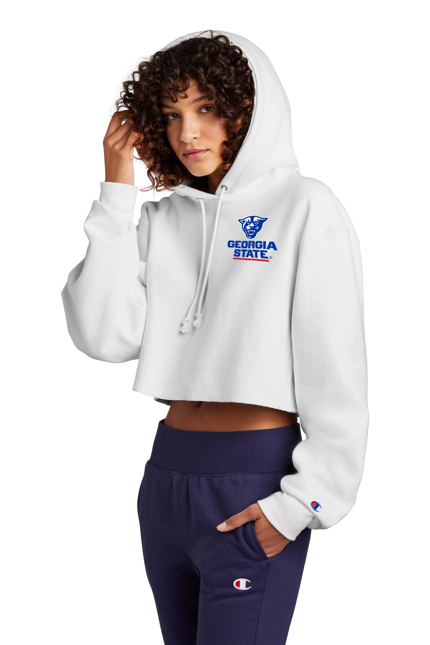 Georgia State Champion Women’s Reverse Weave Cropped Cut-Off Hooded Sweatshirt-White