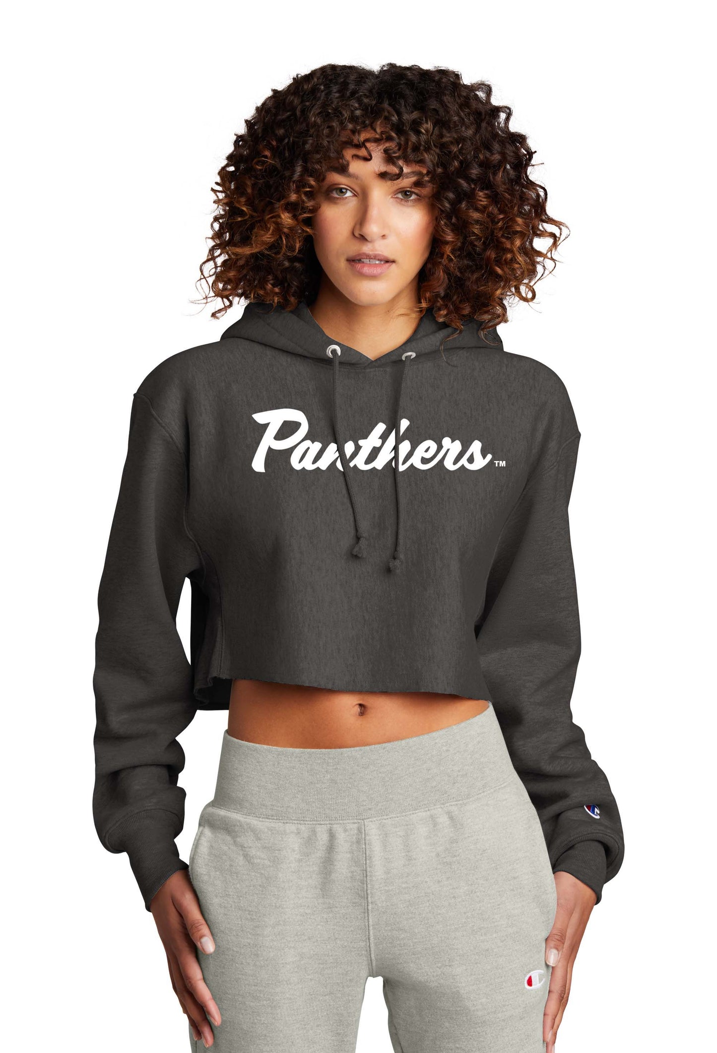 Panthers Women’s Reverse Weave Cropped Cut-Off Hooded Sweatshirt- Black