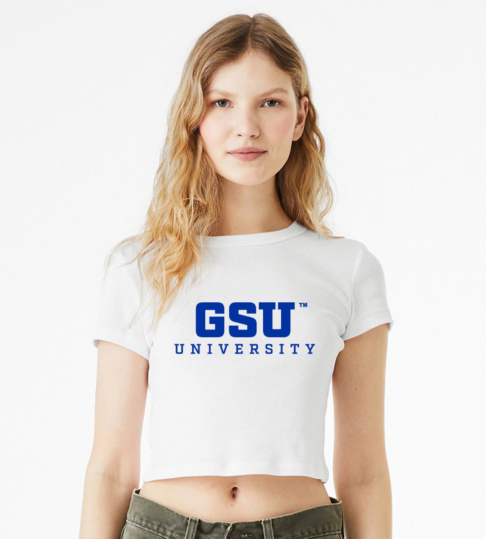 GSU University Women's Micro Rib Baby Tee-White