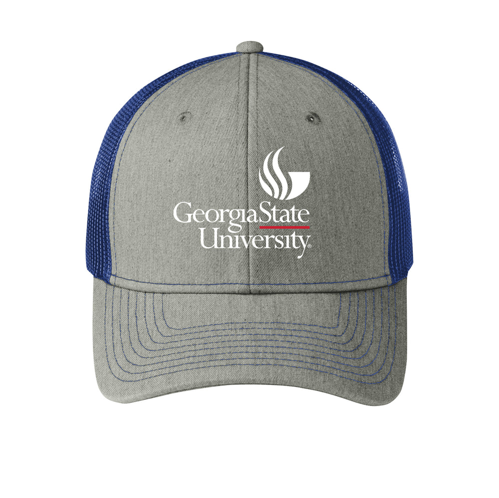 Georgia State University Snapback Trucker Cap-Heather Grey-Patriot Blue