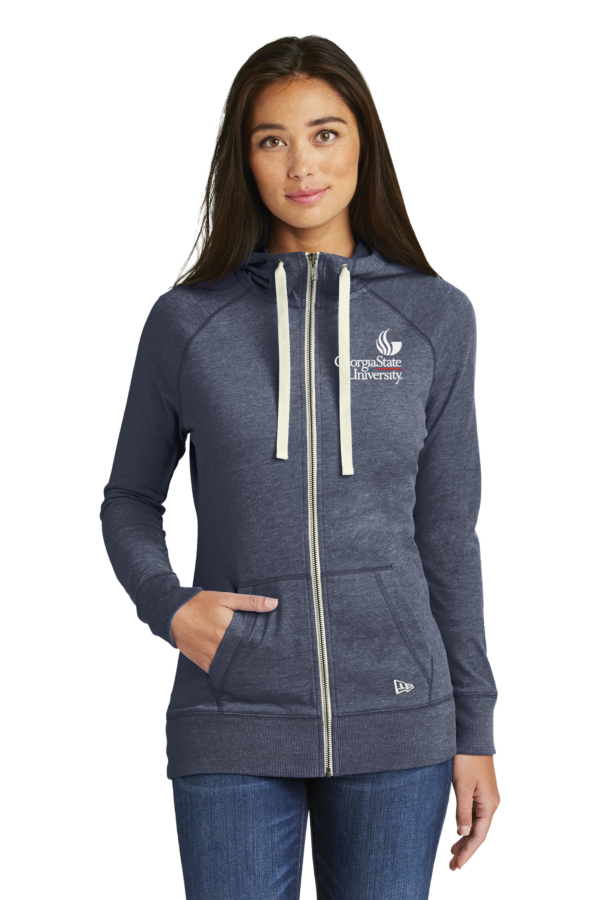 Georgia State University Ladies Sueded Cotton Blend Full-Zip Hoodie-True Navy Heather