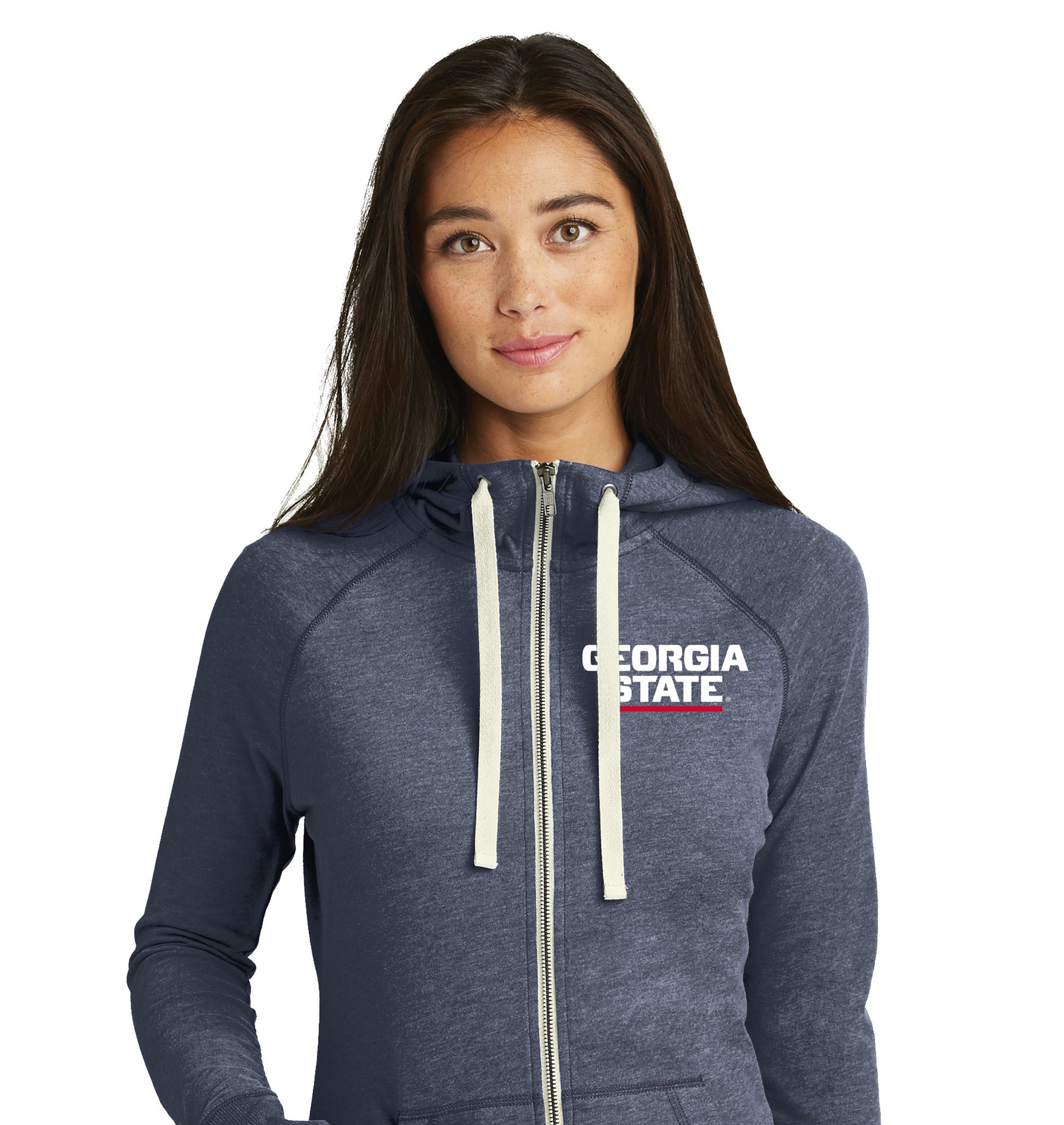Georgia State Ladies Sueded Cotton Blend Full-Zip Hoodie-True Navy Heather
