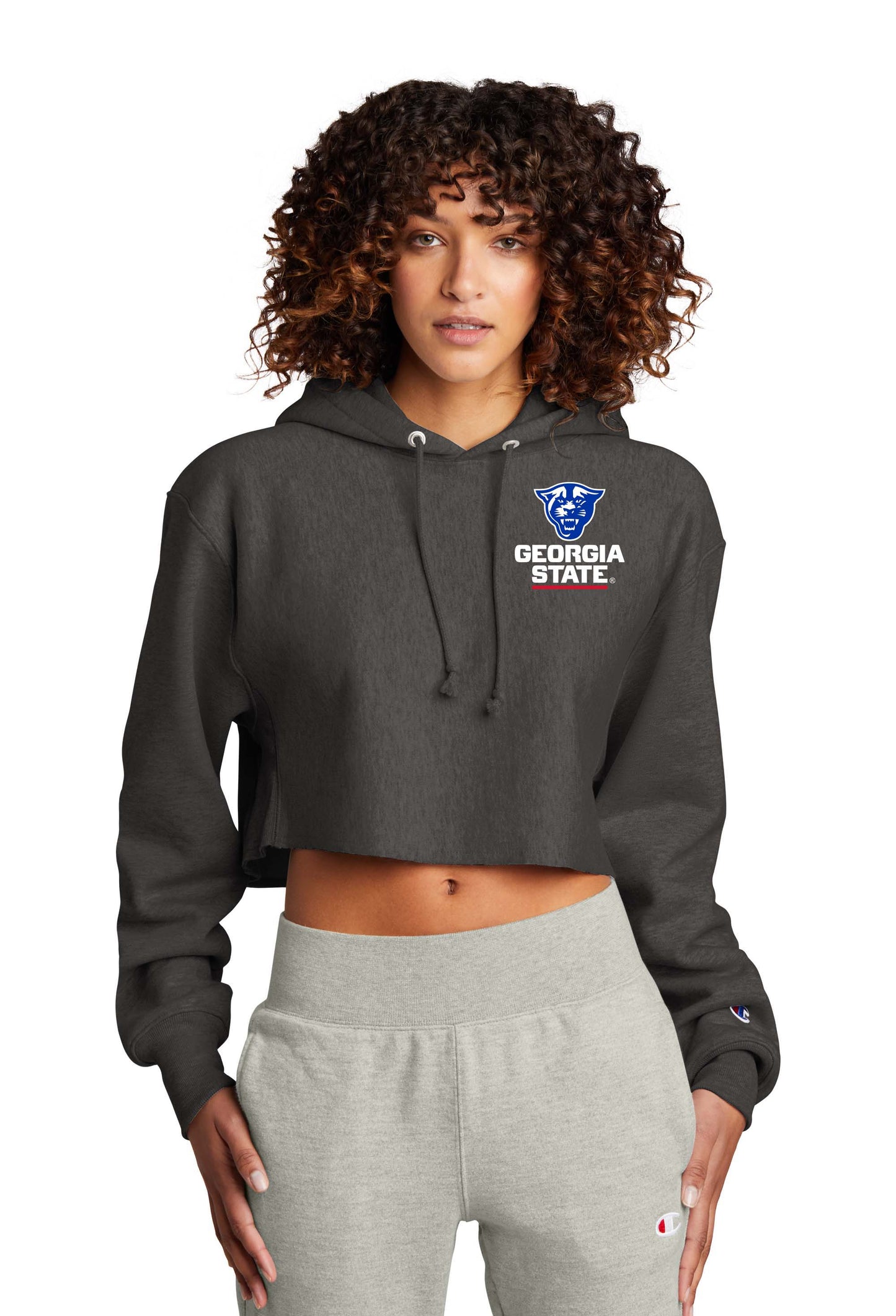 Georgia State Champion Women’s Reverse Weave Cropped Cut-Off Hooded Sweatshirt-Heather Charcoal