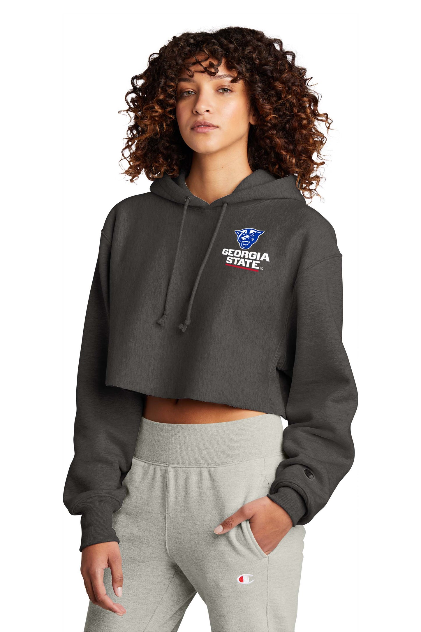Georgia State Champion Women’s Reverse Weave Cropped Cut-Off Hooded Sweatshirt-Heather Charcoal