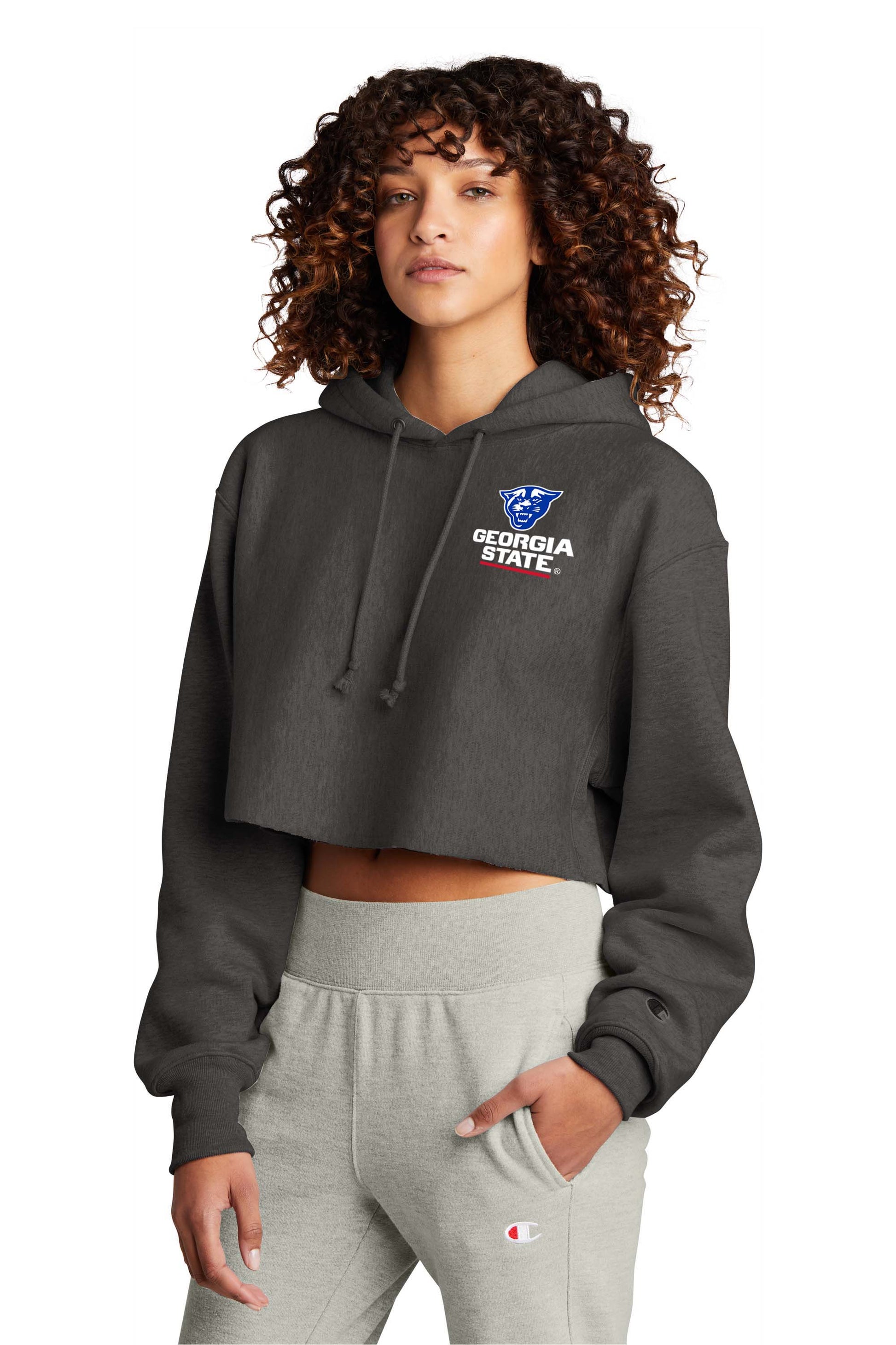 Georgia State Champion Women’s Reverse Weave Cropped Cut-Off Hooded Sweatshirt-Heather Charcoal