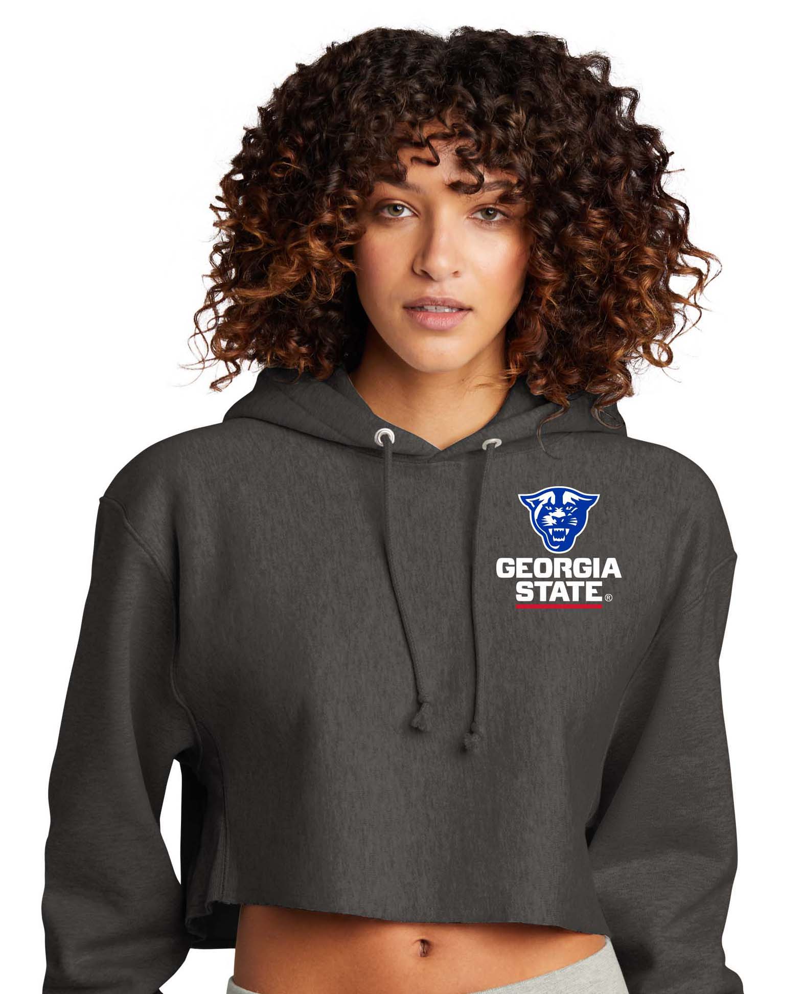 Georgia State Champion Women’s Reverse Weave Cropped Cut-Off Hooded Sweatshirt-Heather Charcoal