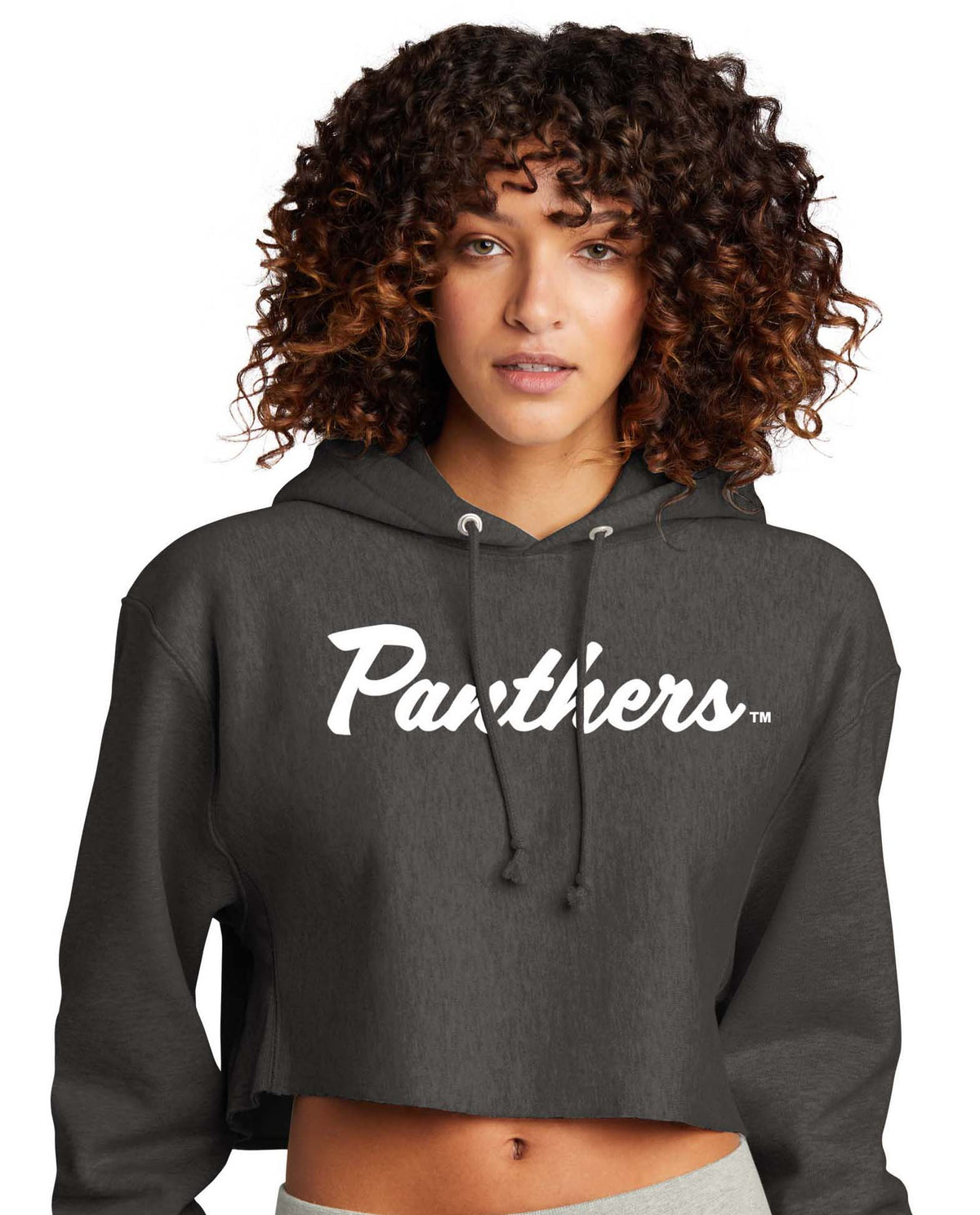 Panthers Women’s Reverse Weave Cropped Cut-Off Hooded Sweatshirt- Charcoal