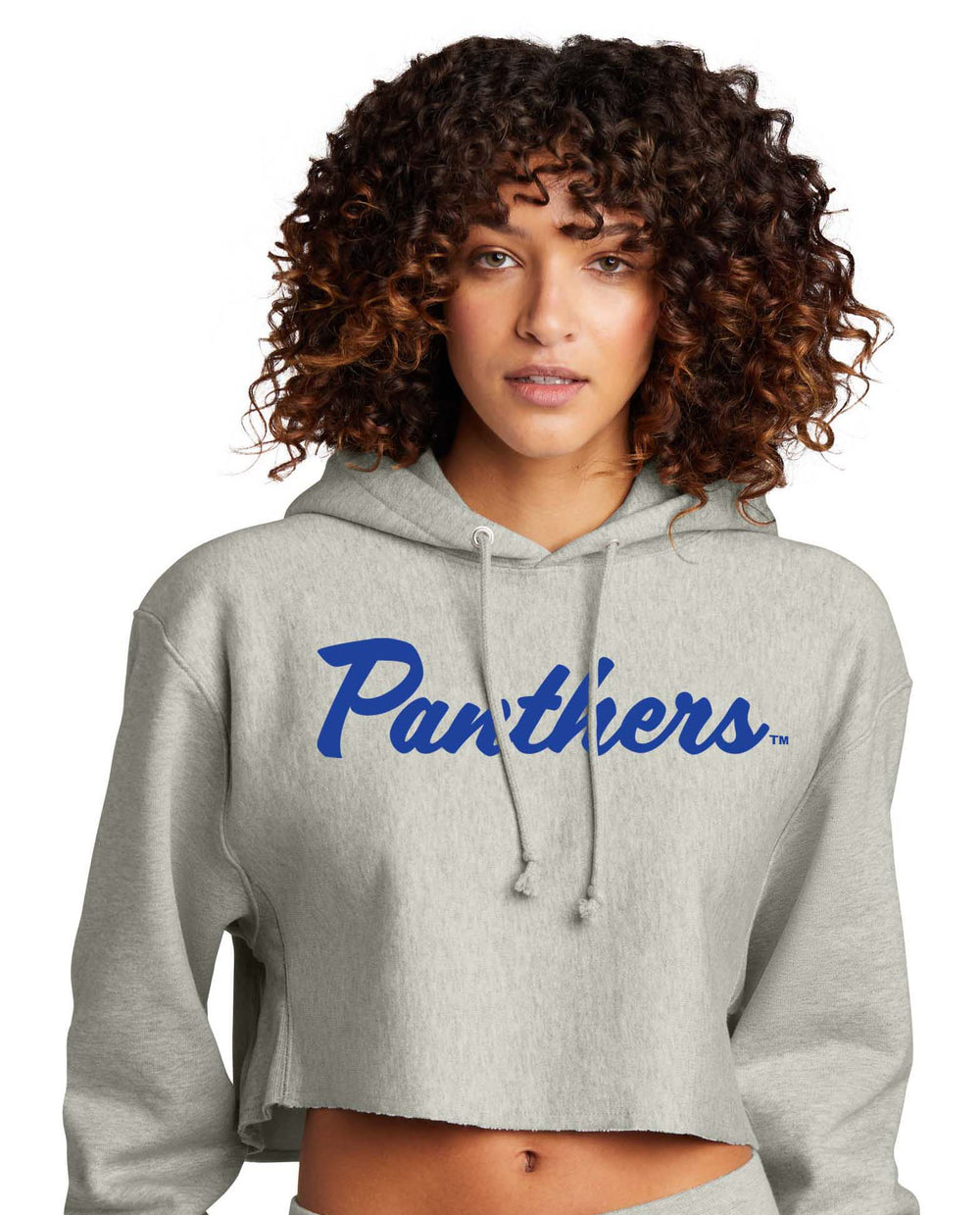 Panthers Women’s Reverse Weave Cropped Cut-Off Hooded Sweatshirt- Oxford Grey
