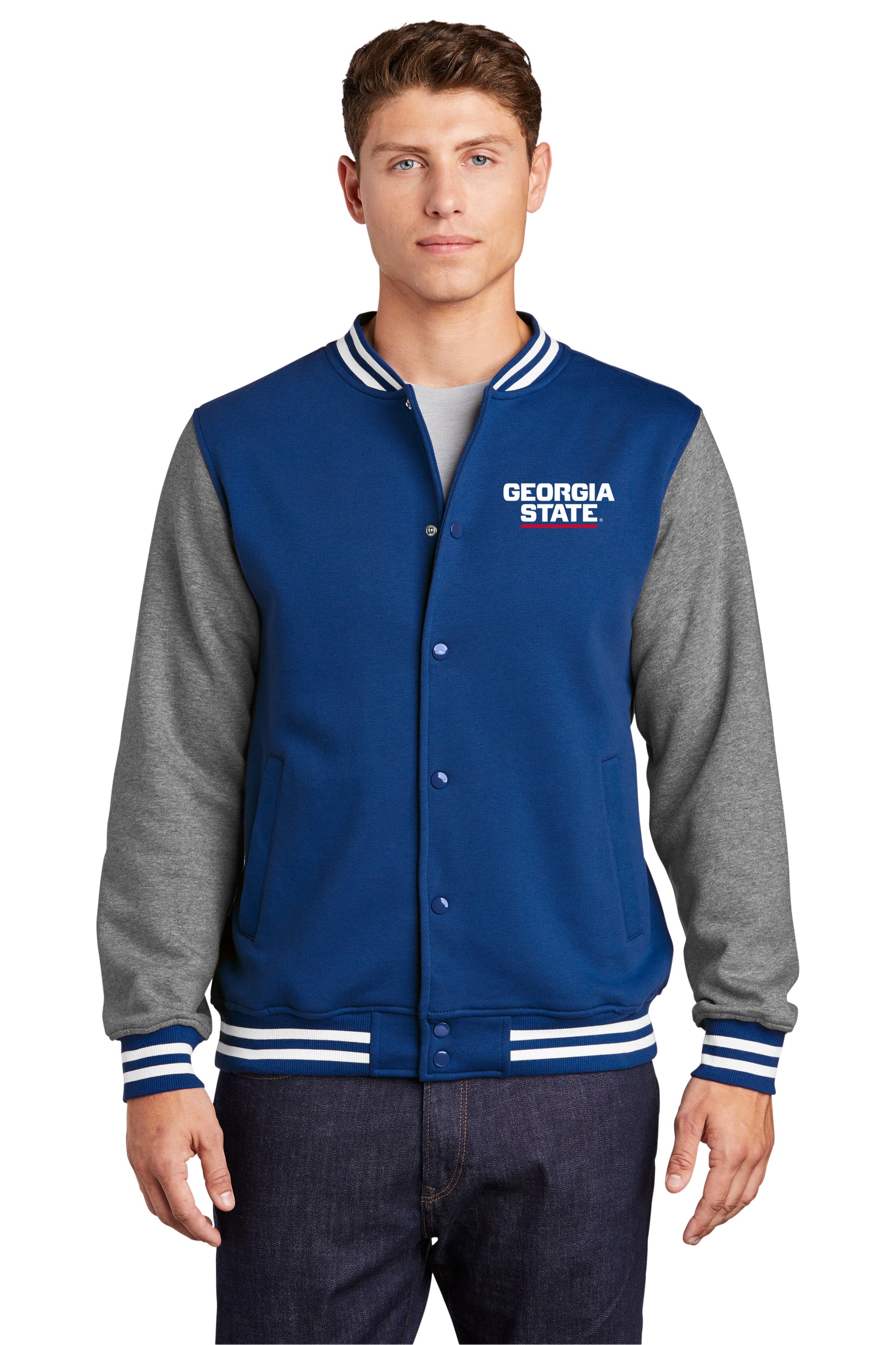 Georgia State Fleece Letterman Jacket-True Royal/Vintage Heather