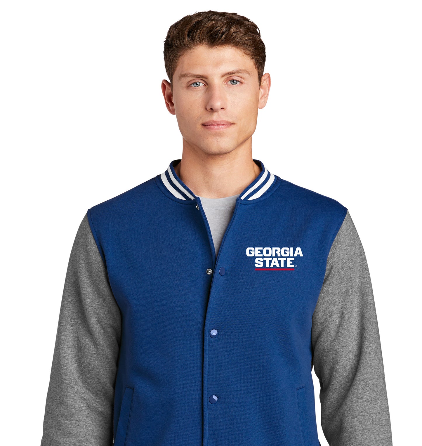 Georgia State Fleece Letterman Jacket-True Royal/Vintage Heather