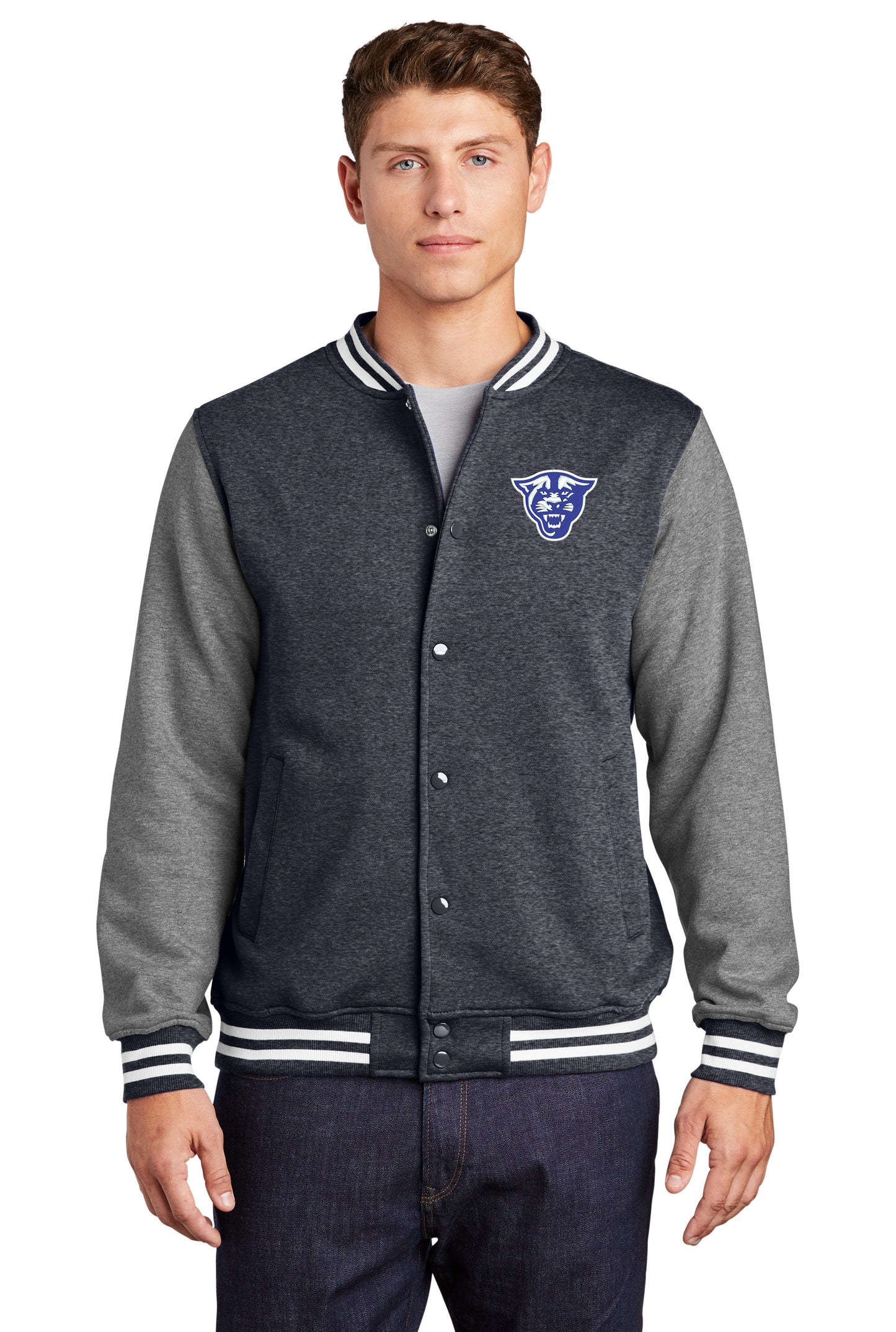 Panthers Fleece Letterman Jacket-Graphite Heather-Vintage Heather