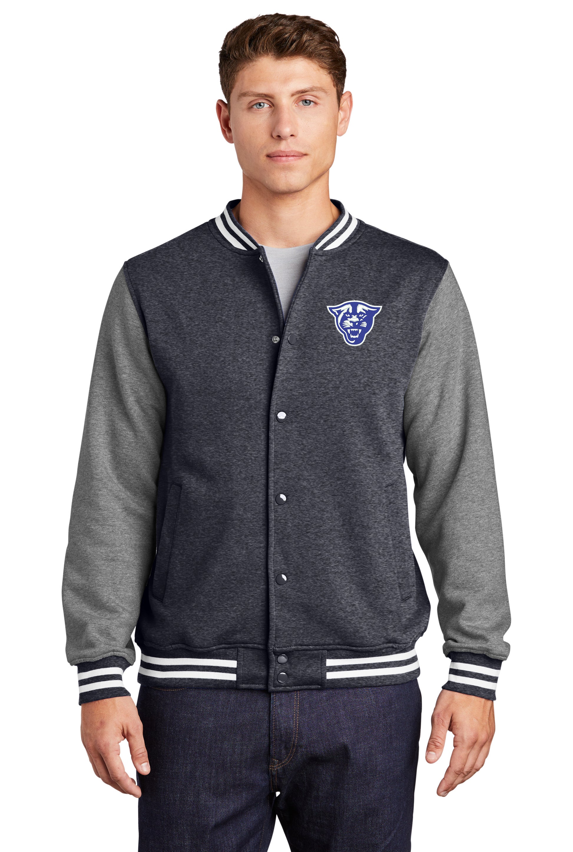 Panthers Fleece Letterman Jacket-Graphite Heather-Vintage Heather