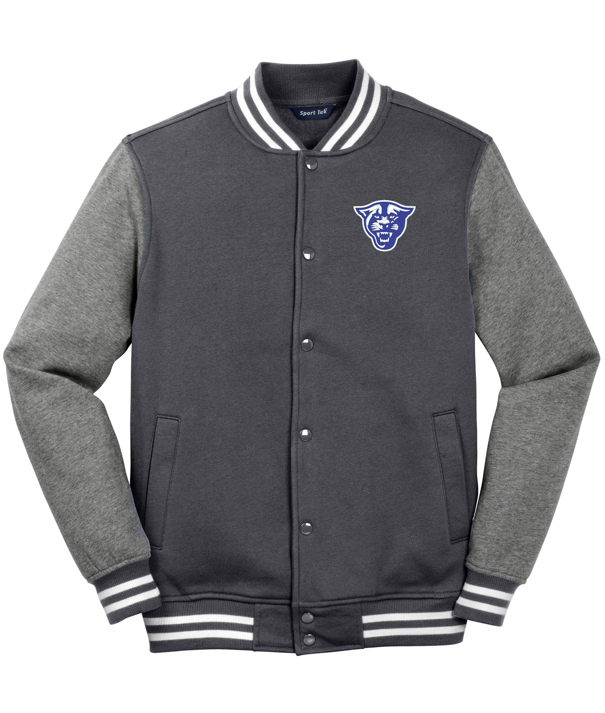 Panthers Fleece Letterman Jacket-Graphite Heather-Vintage Heather