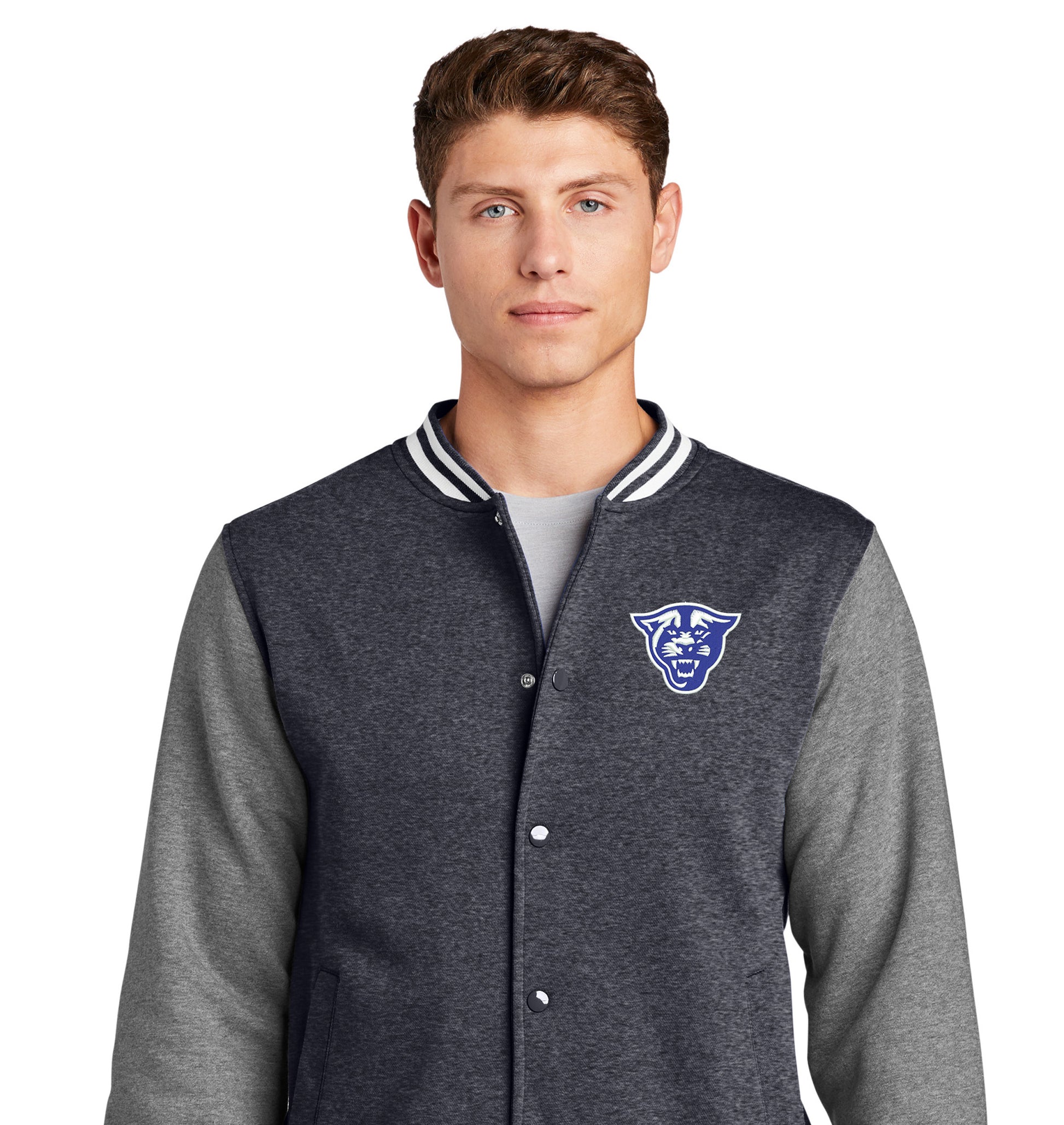 Panthers Fleece Letterman Jacket-Graphite Heather-Vintage Heather