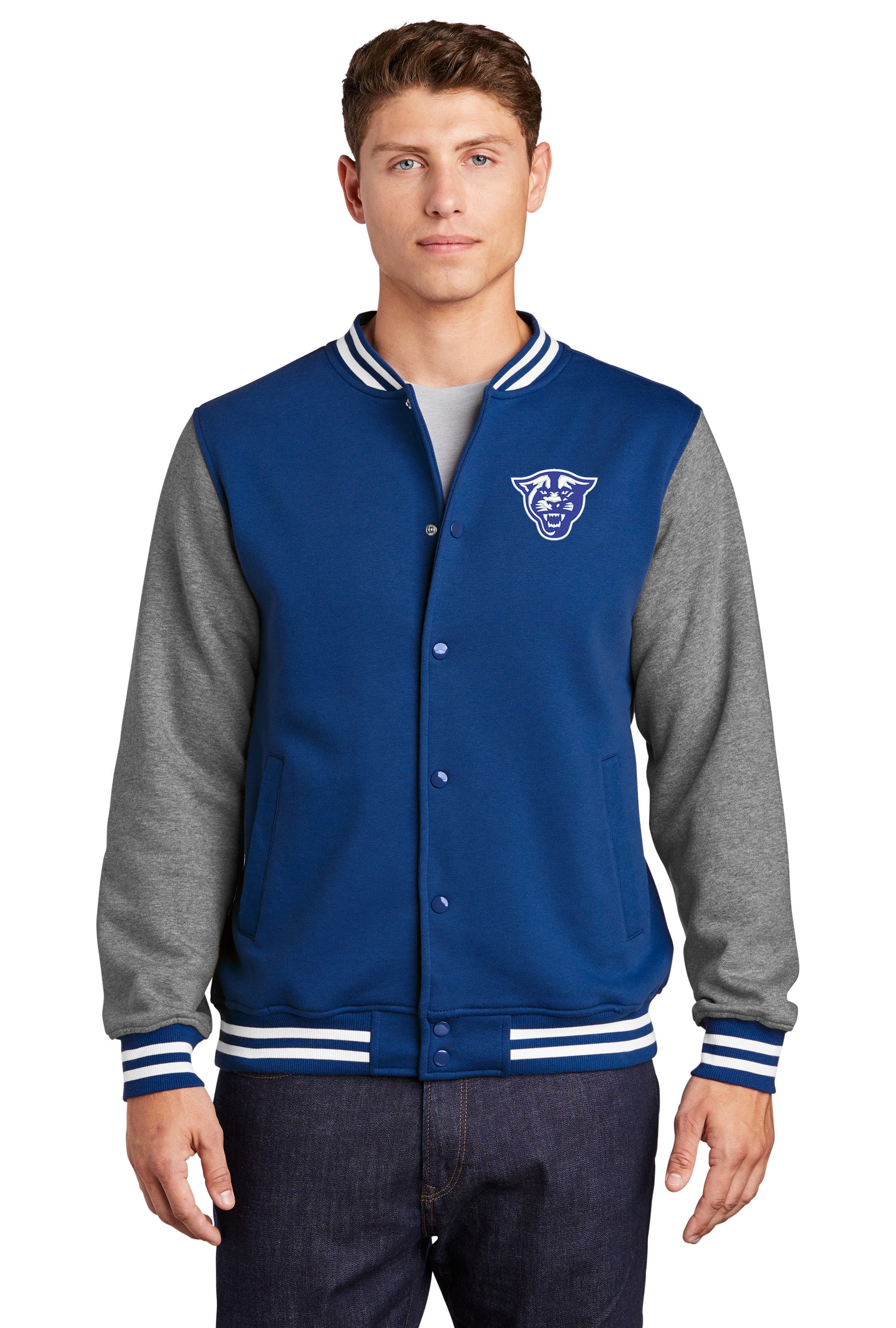 Panthers Fleece Letterman Jacket-True Royal/Vintage Heather