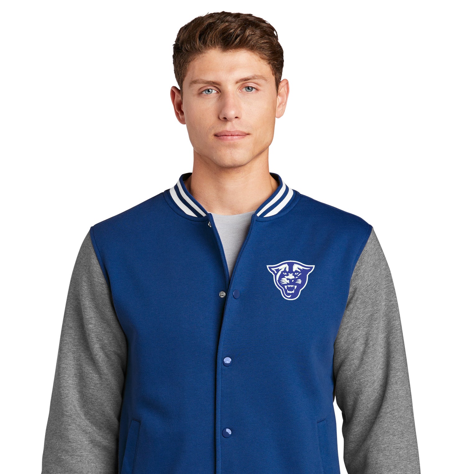Panthers Fleece Letterman Jacket-True Royal/Vintage Heather